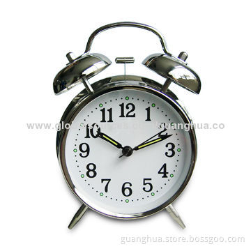 Clock with Twin Metal Bell and Four Hands, Various Colors Available